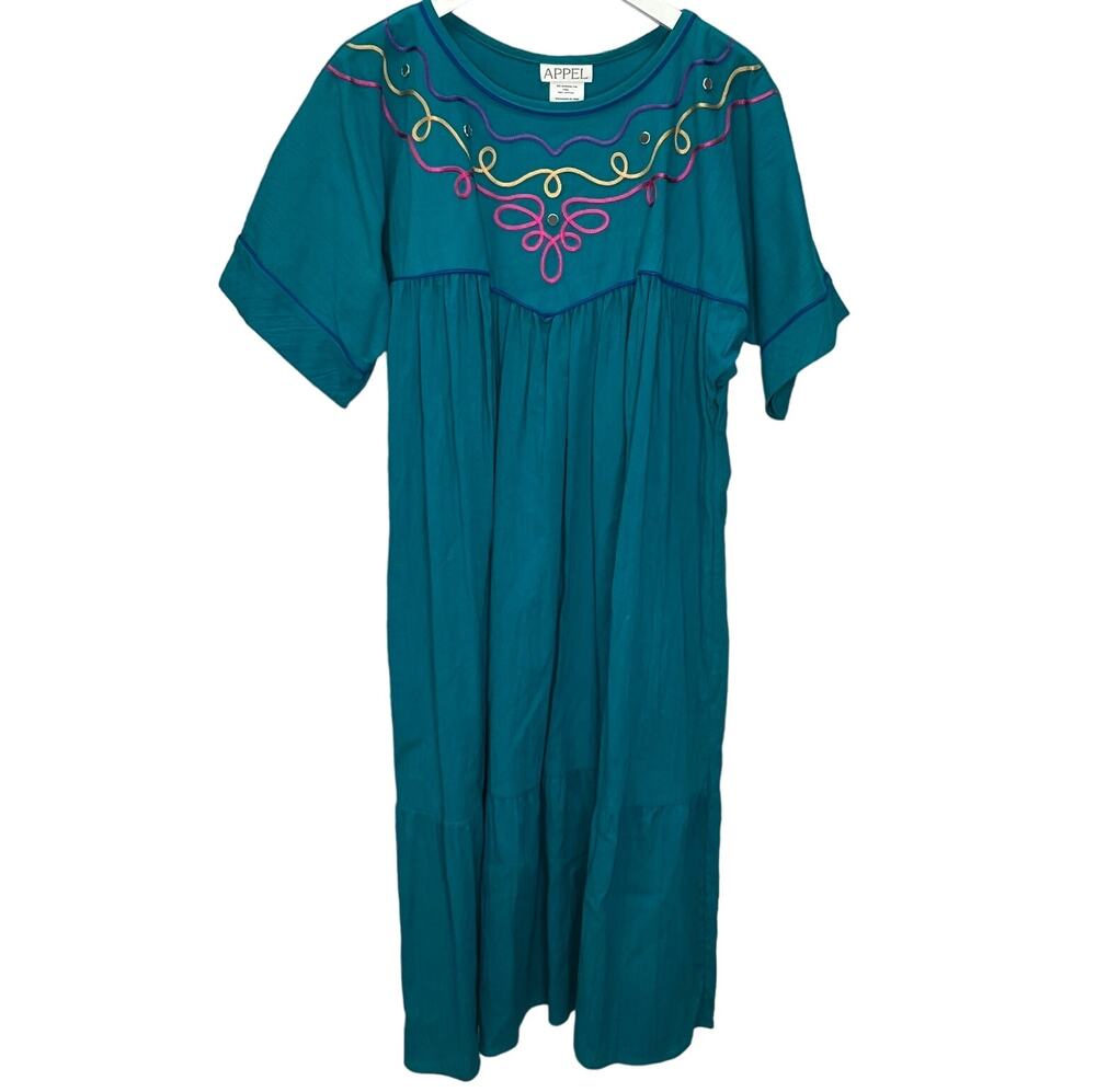 Vintage Appel Muumuu Patio Dress Turquoise Green Size L Embroidered Bling NWT